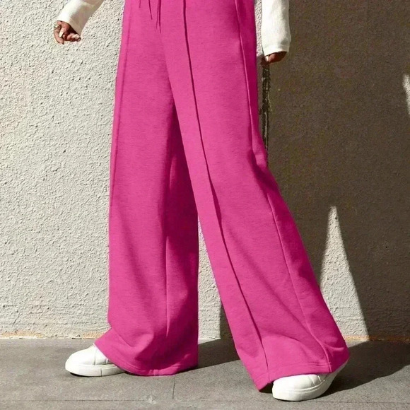 Hot Pink Women's Drawstring Waist Loose Wide Leg Palazzo Pants - Picture 5 of 5
